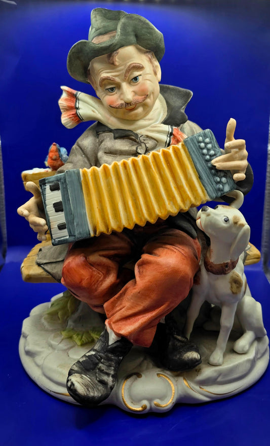 capodimonte Figurine Man With Accordion & Dog and birds listening to his music