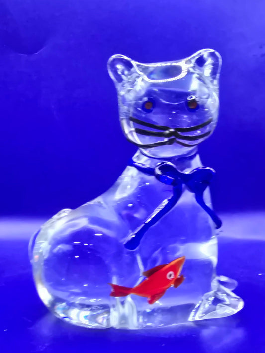 Vintage 1999 Penco Industries 4-1/8" CrystalGlass Cat with Fish Figurine China