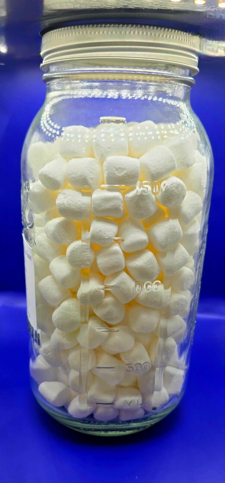 freeeze dried mini marshmellows in a 64oz wide mouth mason jar