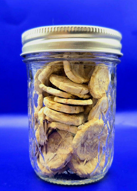 freeze dried banana chips in a 8 oz mason jar