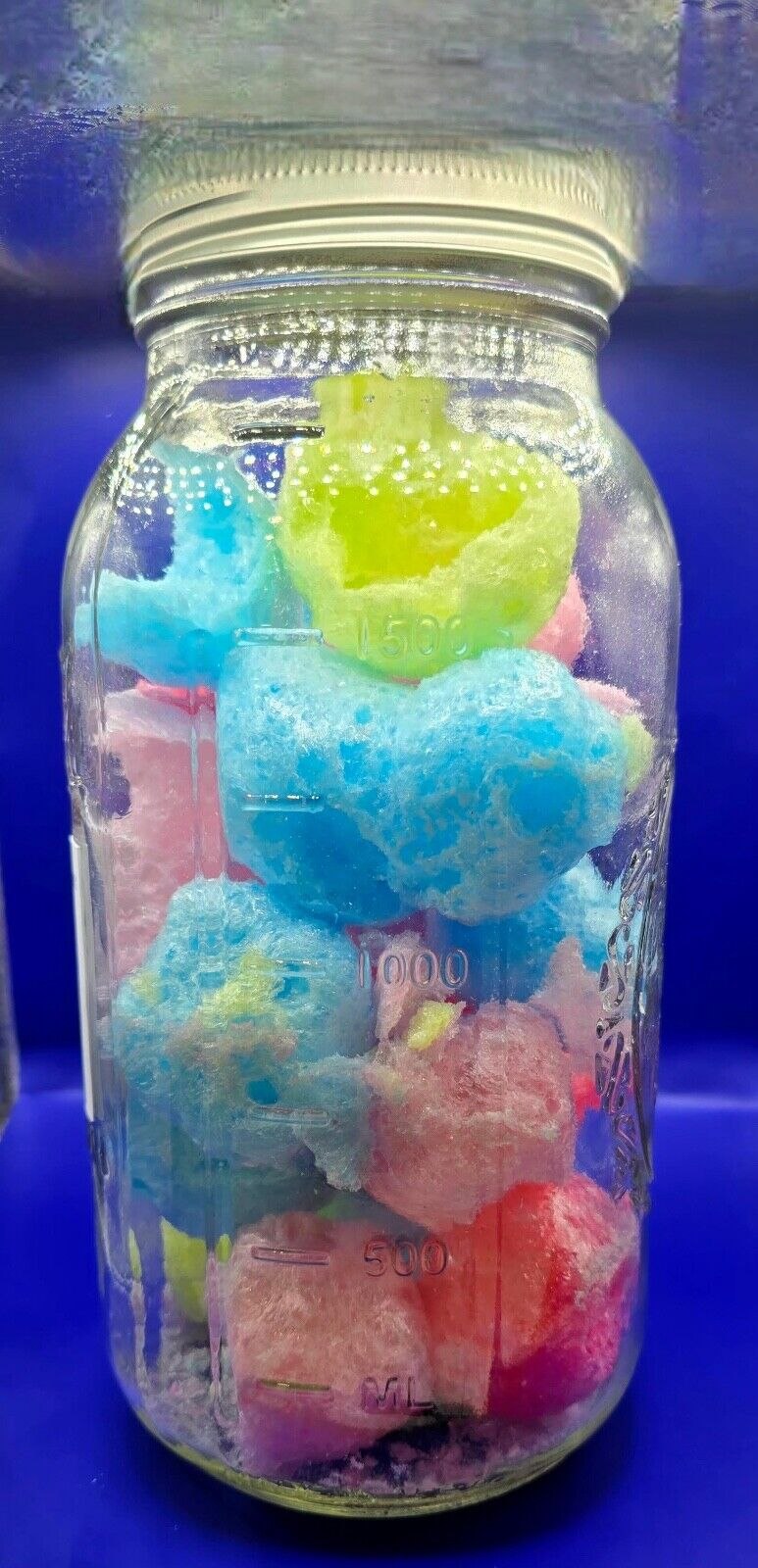 freeze dried jolly puffs in a 64oz wide mouth mason jar