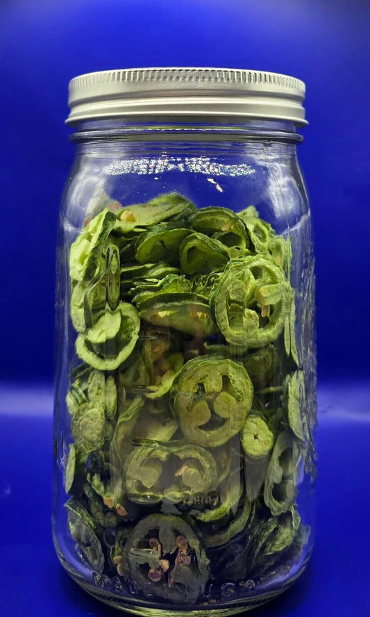 Freeze dried jalapeño’s in a 24oz wide mouth mason jar