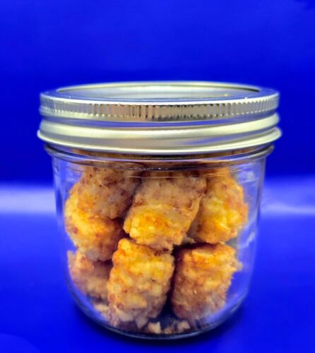 freeze dried plain tatter tots in a 10oz wide mouth mason jar