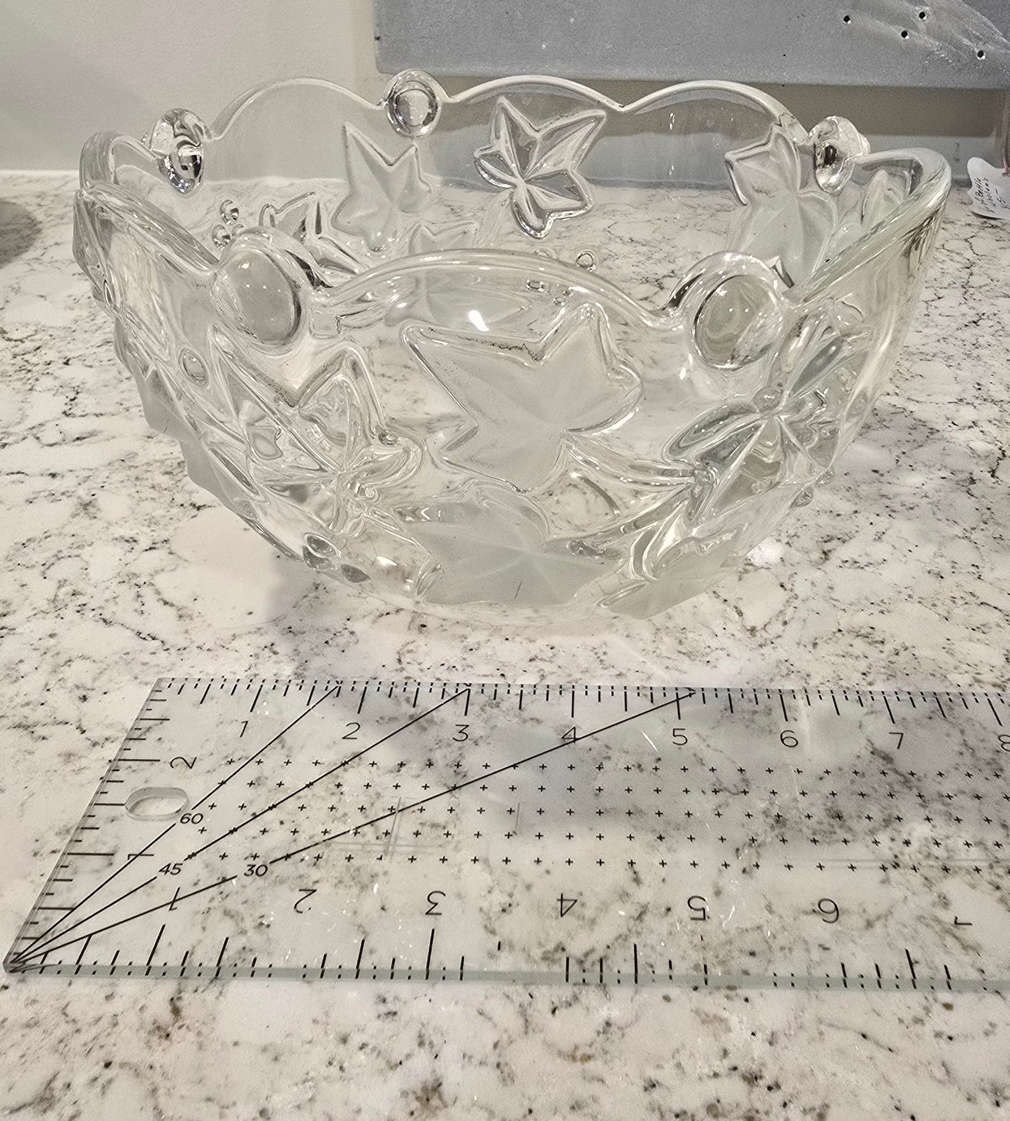 Crystal Glass Clear Serving Bowl Decorated W/ Ivory & Berries Frosted Art Decor