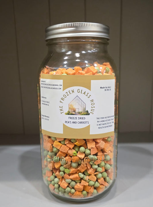 Freeze dried peas and carrots in a 64oz jar