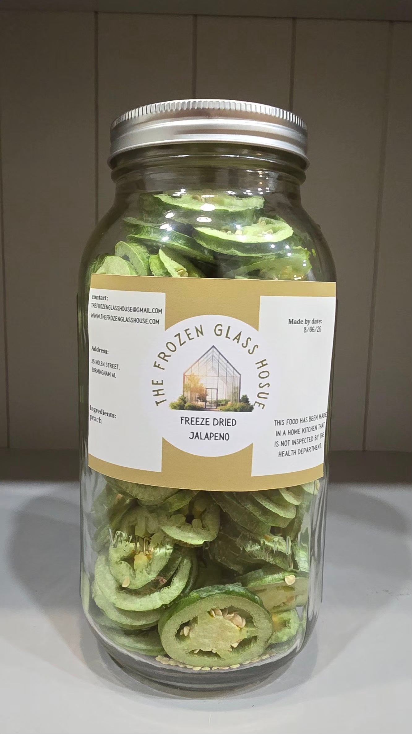 Freeze dried jalapeno in a 64oz jar