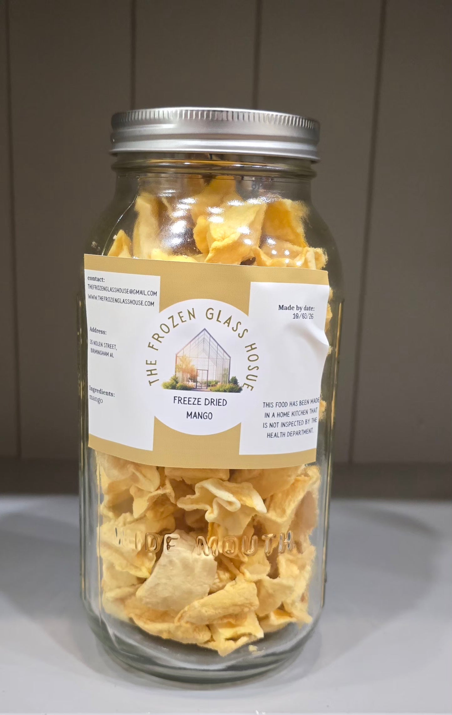 Freeze dried mango in a 64oz jar