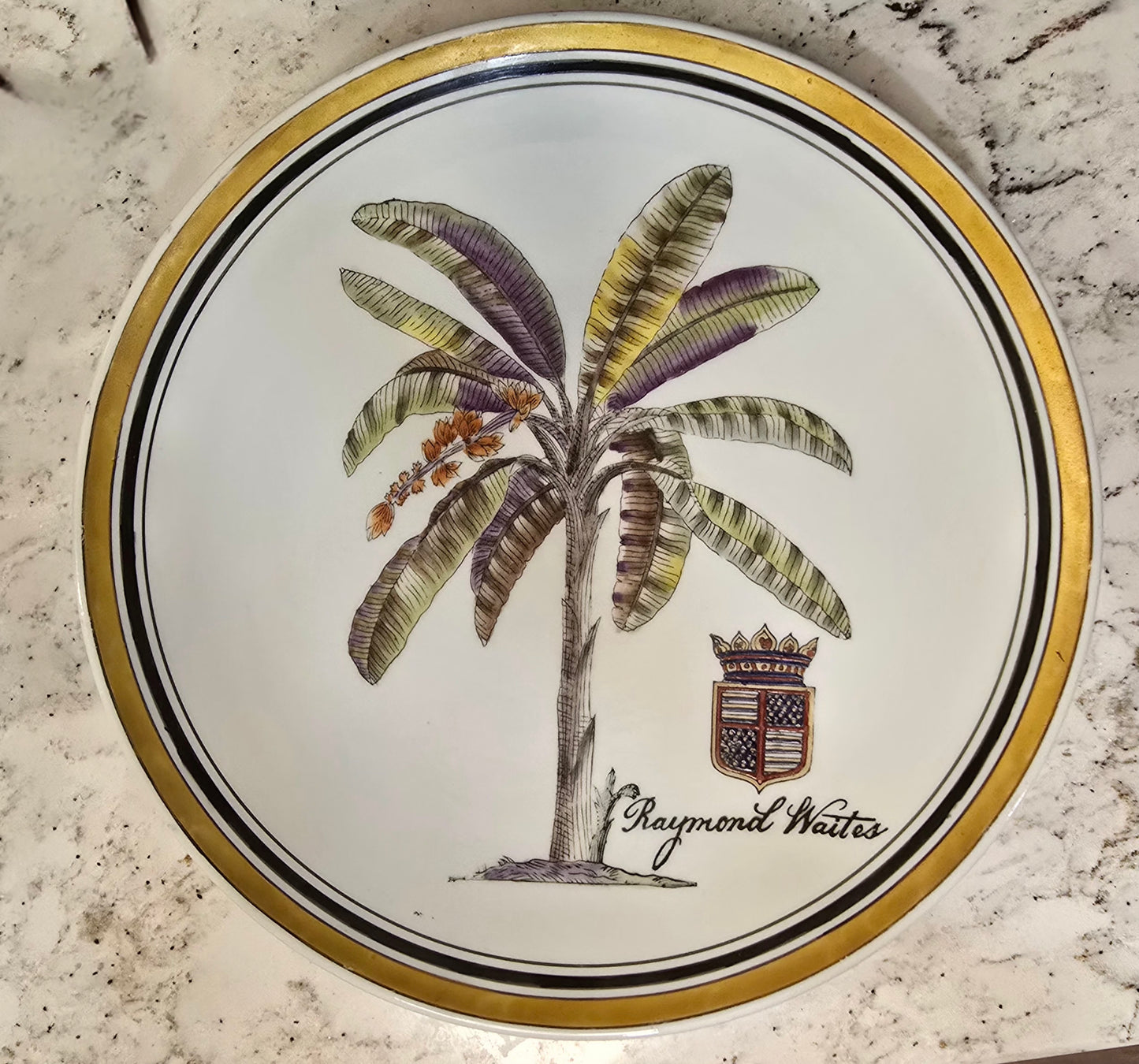 Raymond Waites - Palm Tree And Crest On White Background-Decorative Plate