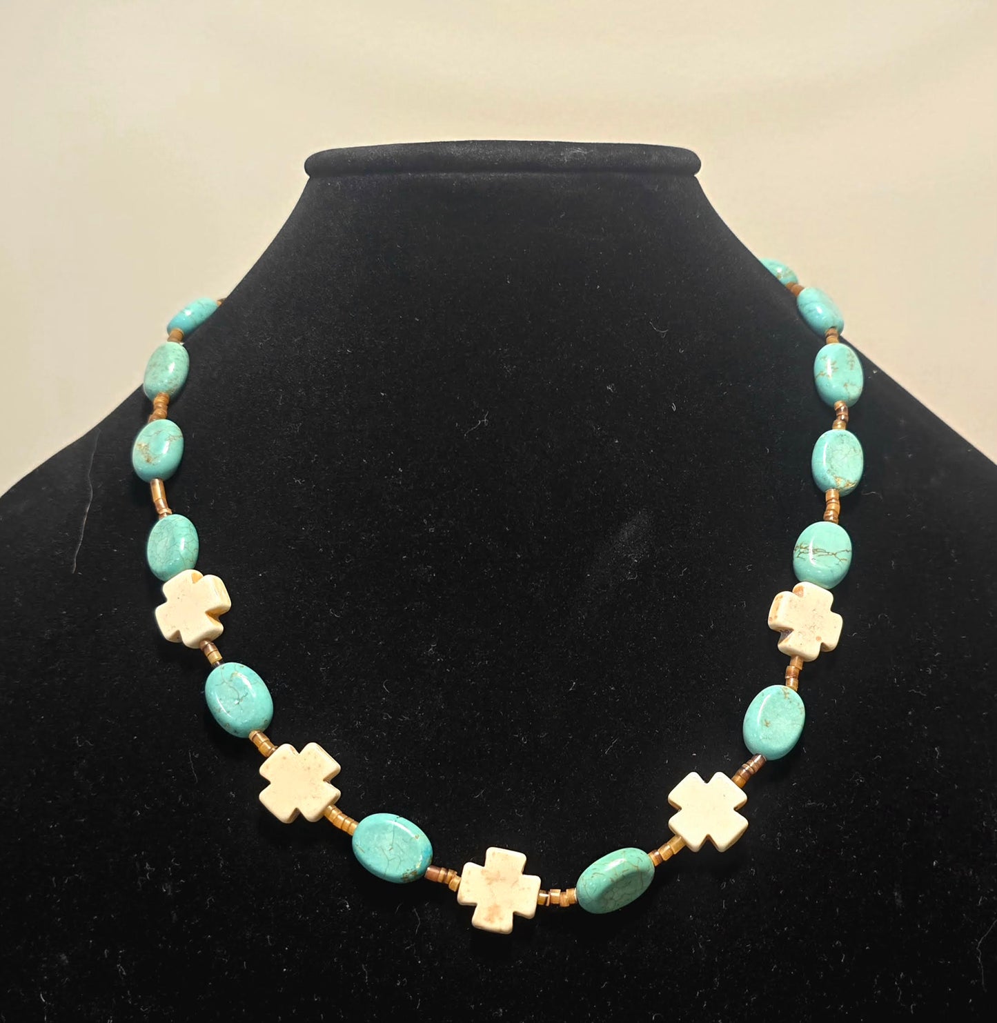 New Mexico neckless medium length with white crosses and turquoise beads with brown beads in between