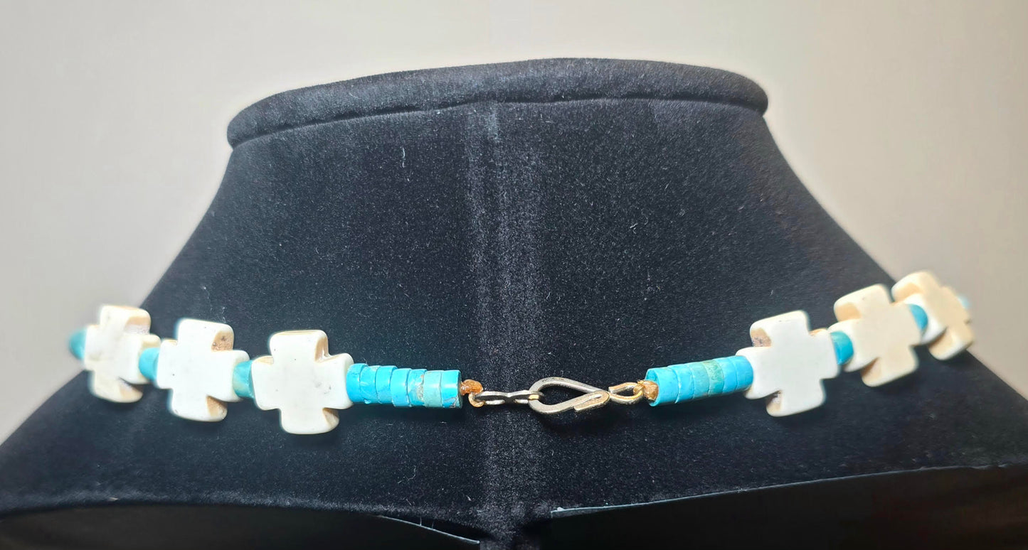 New Mexico neckless short length with white crosses and turquoise beads in between