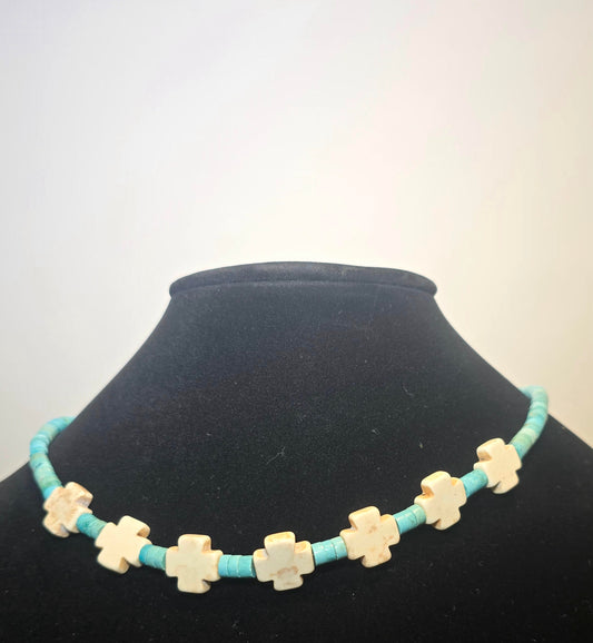 New Mexico neckless short length with white crosses and turquoise beads in between